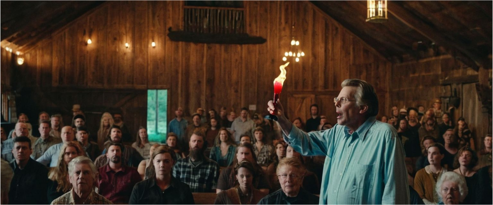 An illustration, generated with AI, of a fire and brimstone preacher in his 60s. In one hand is a goblet of red liquid that happens to be on fire as he maniacally rambles on like a man posessed preaching on about the fire and brimstone punishment doled out to sinners.